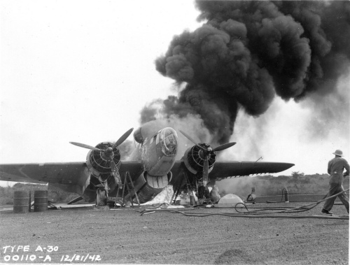 Burning allied bomber in 1942. Credit: John Atherton
